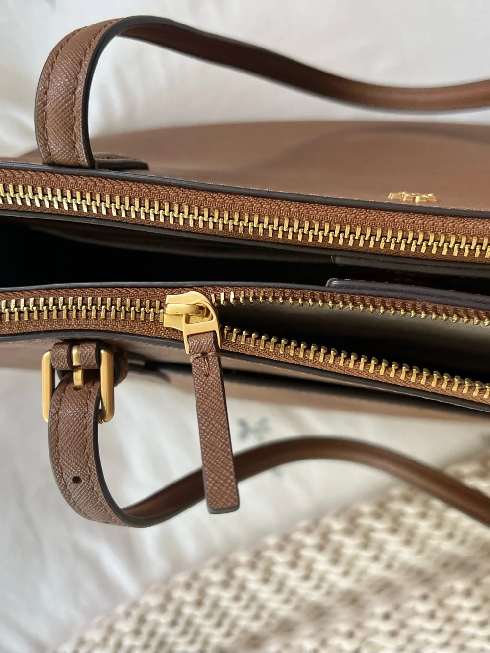 Tory Burch Cognac Saffiano Leather Tote with Gold Logo